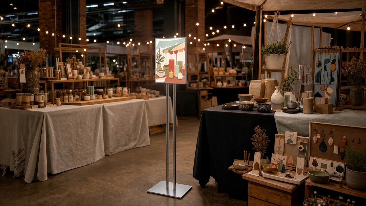 Small illuminated A3 LED light-box frame on a silver twin-pole floor stand in a market aisle, between maker stalls of candles, ceramics and jars under warm string lights