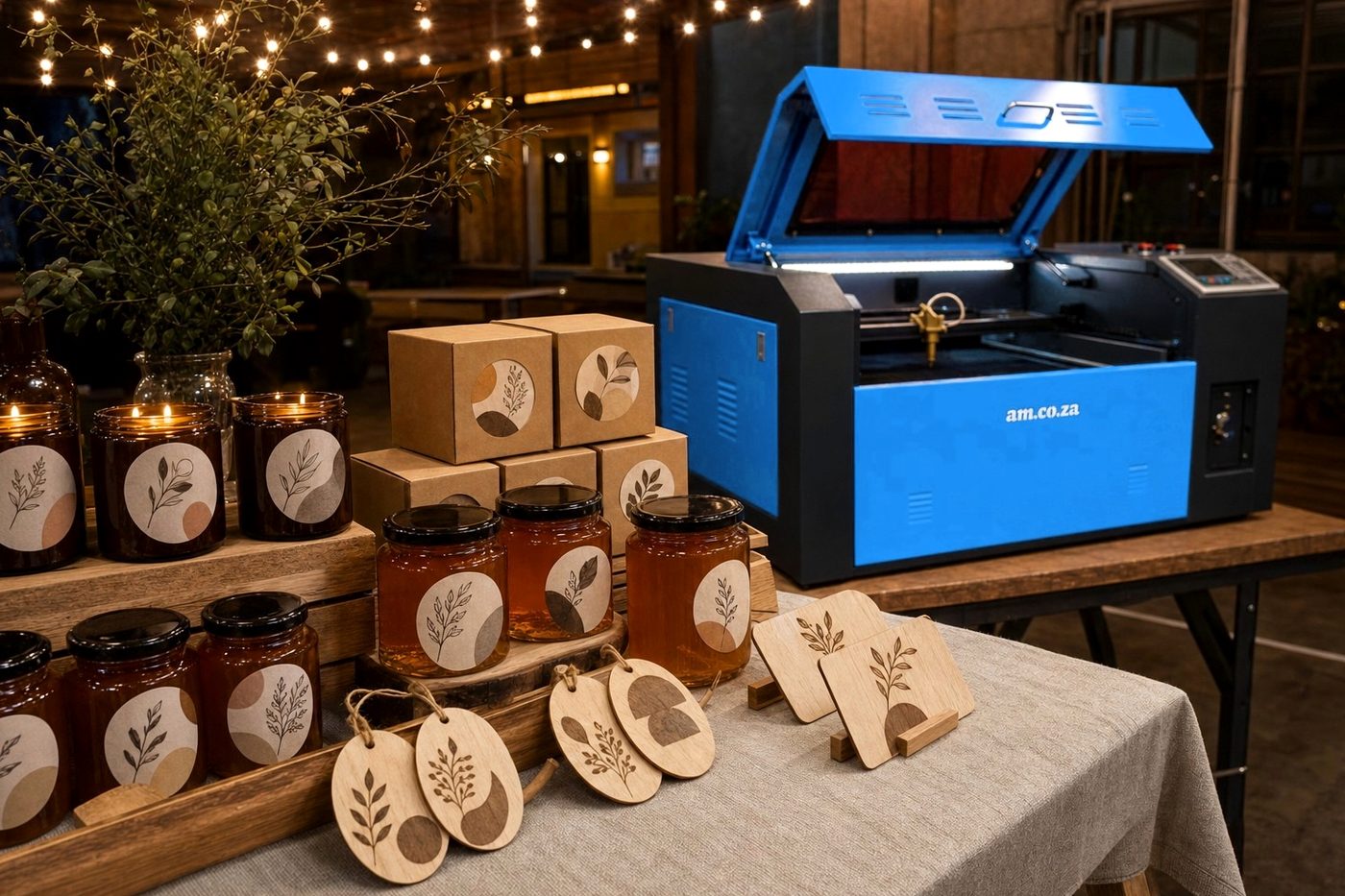 Maker stall table with amber candle and honey jars wearing botanical labels, kraft gift boxes and engraved birch plywood tags, with a bright blue and charcoal am.co.za desktop laser behind