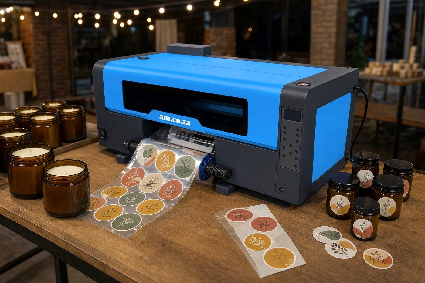 Bright blue compact UV-DTF printer with a charcoal body and white am.co.za wordmark, a strip of glossy round botanical stickers feeding from the front beside amber candle and honey jars already wearing the labels